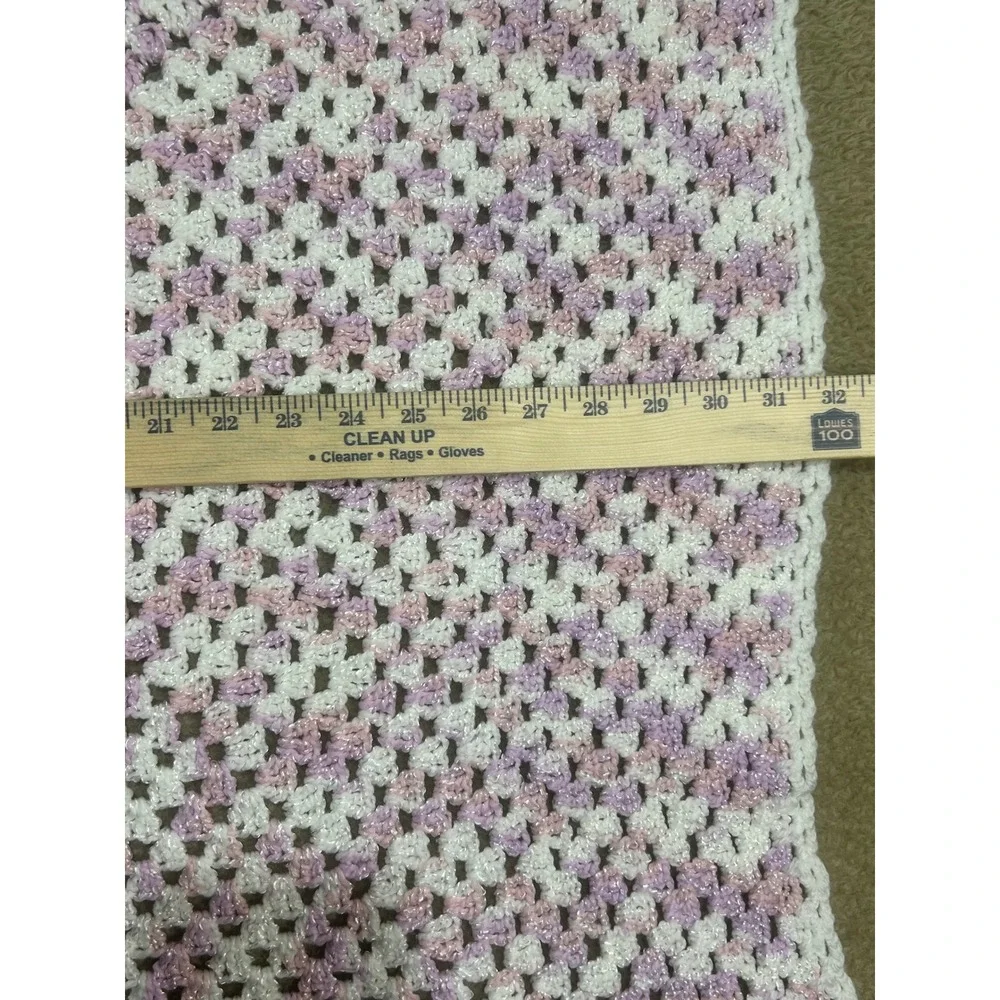 Handmade Crochet Baby Blanket White Pink Lavender Sparkle Accent‎ Afghan 32X32